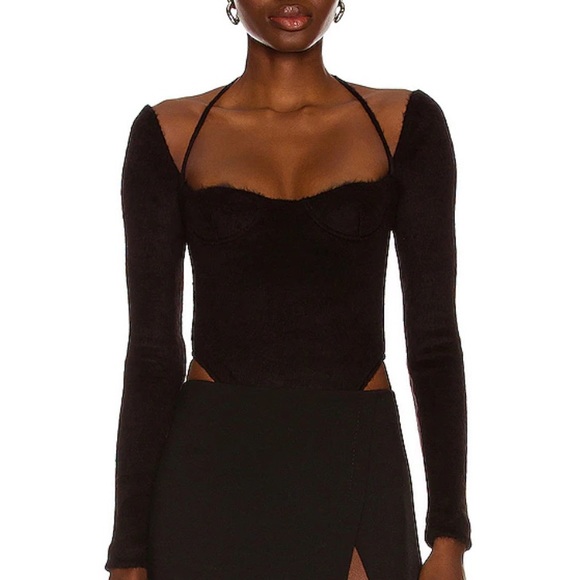 LaQuan Smith Tops - Worn once LaQuan Smith black fuzzy halter neck bodysuit